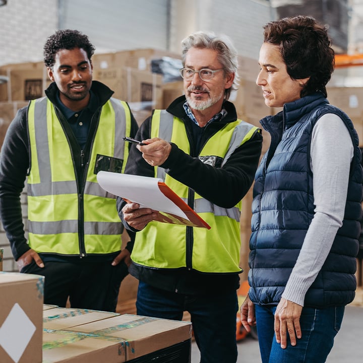 warehouse workers pointing to something from a clipboard